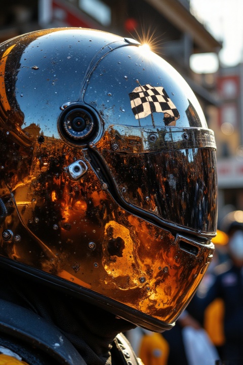 A cinematic close-up of a driver's iridium-coated helmet visor reflecting the black-and-white chequered flag being waved. The reflection is slightly distorted by the curvature of the visor. The background is a vibrant blur of team members celebrating on the pit wall. Golden hour sunlight flares at the edge of the frame. Heroic, emotional, and triumphant. Sharp focus on the visor reflection and the carbon fiber texture of the helmet.