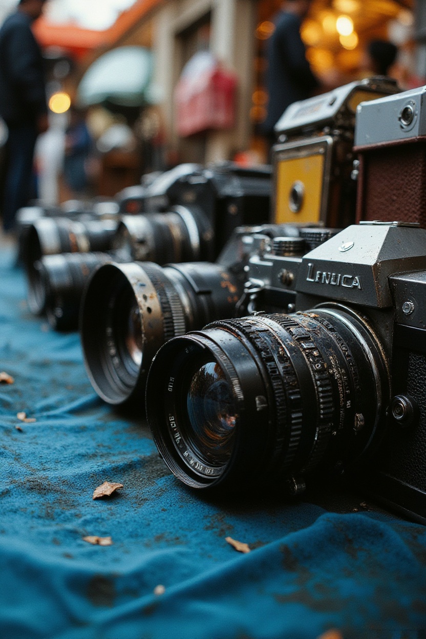 A cinematic close-up of a row of vintage film cameras—Leicas,  Rolleiflexes,  and Zenits—lined up on a faded blue velvet c...