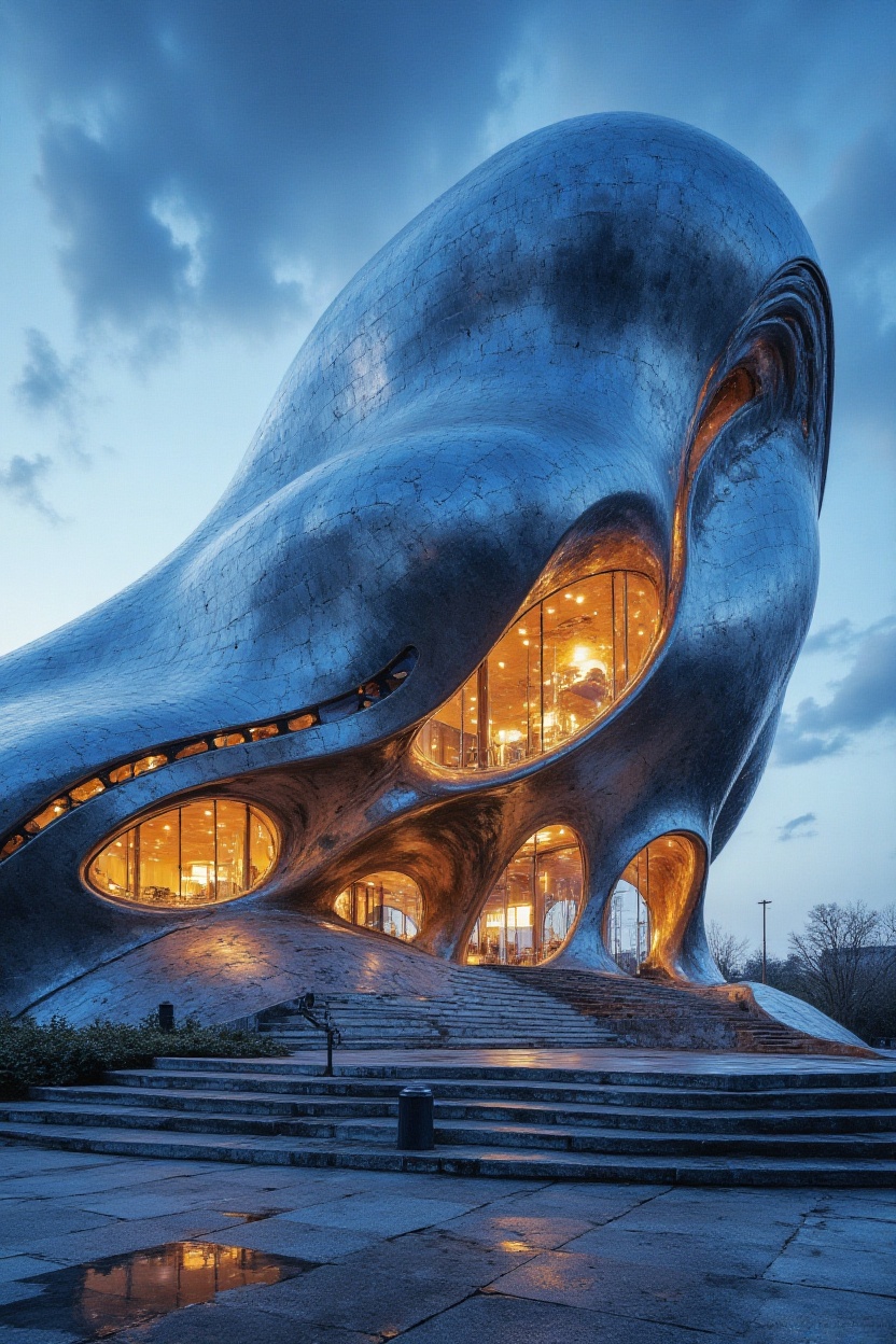 A professional architectural shot of a contemporary landmark featuring sweeping,  organic curves made of brushed stainless...
