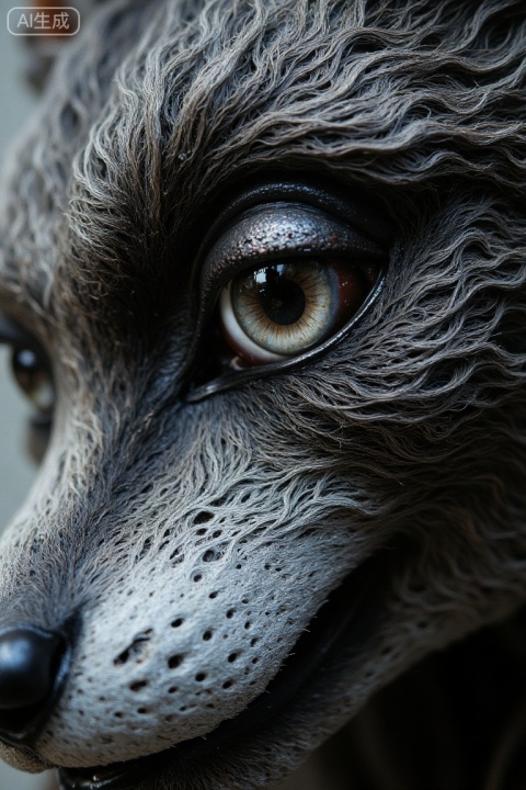 An extreme macro shot of a high-quality custom fursuit head. Focus on the large, expressive eyes with a "follow-me" effect and high-gloss finish. The faux fur is multi-tonal, featuring realistic gradients from deep charcoal to silver. Every tuft of fur is sharply detailed, showing the soft, silky texture. Studio lighting, shallow depth of field, vibrant colors, 8K resolution, focus on handmade craftsmanship.