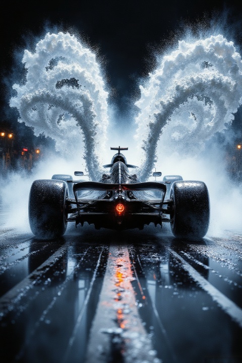 A stunning aesthetic shot of an F1 car racing through a wet track. The rear wing is creating massive, intricate twin vortices of water spray that spiral into the air like liquid sculptures. The rain droplets on the carbon fiber bodywork catch the trackside floodlights. The colors are desaturated, focusing on the silvery mist and the sharp silhouette of the car. Ethereal, powerful, and majestic.