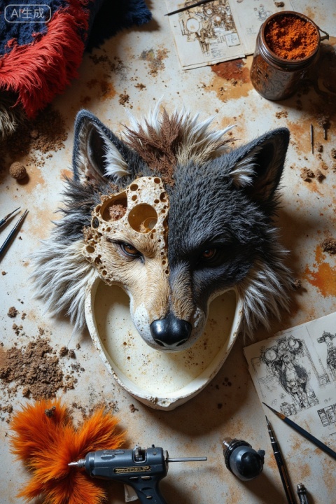 A top-down aesthetic view of a fursuit maker's workbench. A half-finished foam base for a wolf head sits among scraps of colorful faux fur, a hot glue gun, and professional sewing needles. Precise sketches and character reference sheets are scattered around. Soft, natural morning light, creative and busy atmosphere, focus on the raw materials and the transformation process.
