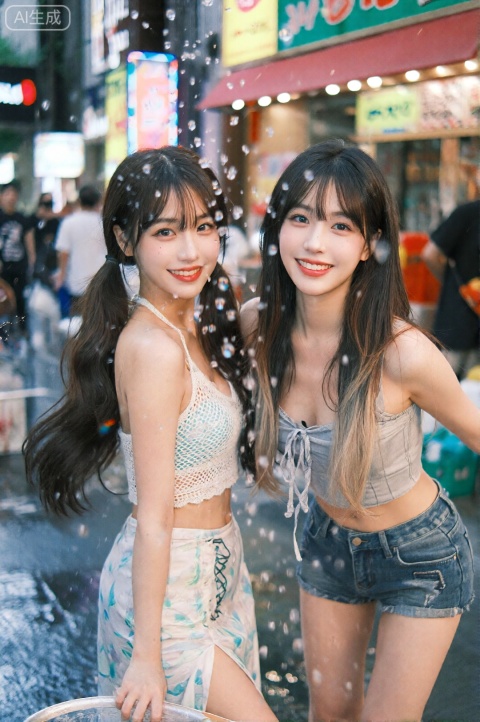 masterpiece, best quality, hyper-realistic photo, 东亚美少女, UHD, 两位精致东亚美女年轻女子,小下巴流畅下颌,对称脸型高鼻桥小鼻尖,嘴唇丰满玫瑰色辉光,皮肤苍白柔和发亮,大眼睛富有神采长睫毛卷翘,一位及腰长直发侧马尾流动,另一位及腰长渐变发丝披散,妆容性感魅惑,悬浮眼线自然眼褶上绘制,彩色隐形眼镜冰蓝瞳孔闪烁,唇妆咬唇渐变红浆果,两人身穿性感现代街头风,一位镂空上衣配高开衩裙,丝滑材质贴合沙漏身材强调细腰长腿,另一位系带短上衣配牛仔短裤,突出锁骨和腿部线条,场景在繁华东京原宿街头,背景彩色店面和人群,前景喷泉水珠和街头小摊,中景两人互相泼洒喷泉水,捕捉玩闹互动的欢乐瞬间,摄影动态广角镜头,低角度突出曲线,霓虹灯混合自然光创造温暖色调和水面焦散彩虹,水珠悬浮冻结如奇观,眼睛折射霓虹点睛,整体融合甜美减龄的俏皮与时尚大片的都市张力,每一滴水光都强化她们的活力和亲密。
