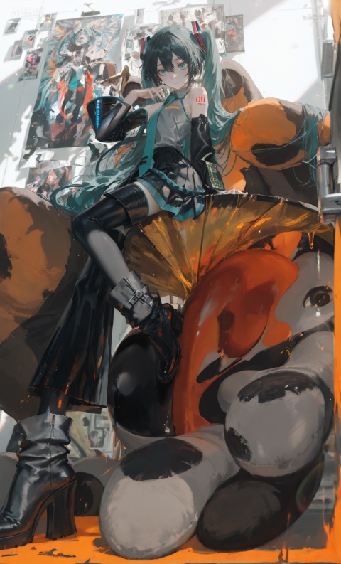 1girl, solo, long hair, looking at viewer, skirt, shirt, hair ornament, thighhighs,  twintails, very long hair, closed mouth, full body, pleated skirt, boots, detached sleeves, necktie, sleeveless, black thighhighs, signature, black skirt, black footwear, from side, dated, aqua eyes, zettai ryouiki, sleeveless shirt, black hair, tattoo, thigh boots, grey shirt, reflection, knee up, black sleeves, shoulder tattoo, aqua nails, aqua necktie, hatsune miku,pantyhose,highheels,
Exaggerated action,, ultra-wide-angle lens,  looking upward,Looking down,

(all body) (Show whole body),(all body),
2024, high quality, detailed texture, in the best style of tantalizing, lustful anticipation art.depth of field, light particles, lens flare, (artist:quasarcake:0.8),extreme aesthetic,(wlop:0.6), wanke,rella,wanke,masterpiece,best quality,good quality,very aesthetic,absurdres,Visual impact,Electromotive force, perspective composition, A shot with tension, ultra-high resolution,32K UHD,sharp focus,best quality,masterpiece,Emotionalization masterpiece, unconventional supreme,masterful details,with a high end texture,in the style of fashion photography, (Visual impact:1.2),giving the poster a dynamic and visually striking appearance,impactful picture,offcial art,colorful ,splash of color, movie perspective, masterpiece,best quality,amazing quality,very aesthetic, absurdres,best quality,newest,,skinny,Full body photo,
