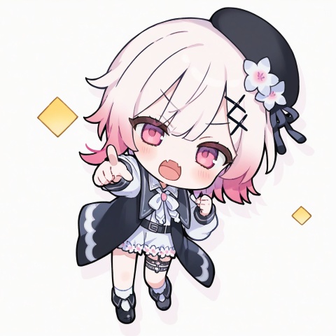 pppsooo20, chibi, chibi only, sakuraba_ema,1girl,v-shaped eyebrows,beret,black hat,black shoes,flower,gradient hair,hair flower,hair ornament,hat,long sleeves,looking at viewer,mahou_shoujo_no_majo_saiban,multicolored hair,open mouth,pink eyes,pink hair,pointing,pointing at viewer,shoes,short hair,shorts,solo,standing,thigh strap,white flower,white hair,white shorts,x hair ornament,half-closed eyes, skin fang, full body, dutch angle, clear_bg,