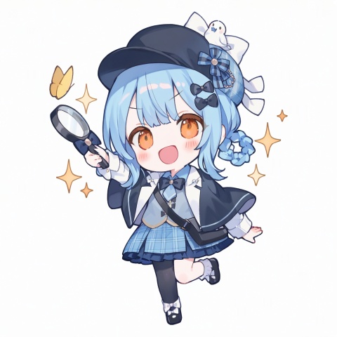 pppsooo20, chibi, chibi only, (tareme:1.3), tachibana sherry,1girl,magnifying glass,solo,bow,blue hair,hair rings,black headwear,hat,skirt,braided hair rings,holding,standing on one leg,black bow,smile,blue skirt,jacket,standing,long sleeves,braid,:d,shirt,full body,pantyhose,white background,hair bow,plaid,black footwear,blush,orange eyes,plaid skirt,bug,butterfly,bird,holding magnifying glass,hat bow,blue shirt,blue bow,twin braids,open mouth,black jacket,open jacket,socks,vest,looking at viewer,black pantyhose,shoes,capelet,pleated skirt,open clothes,frills,bag,sparkle,arm up, arm at side, pointing_forward,(v-shaped eyebrows:0.7),  clear_bg,Mahou Shoujo no Majo Saiban