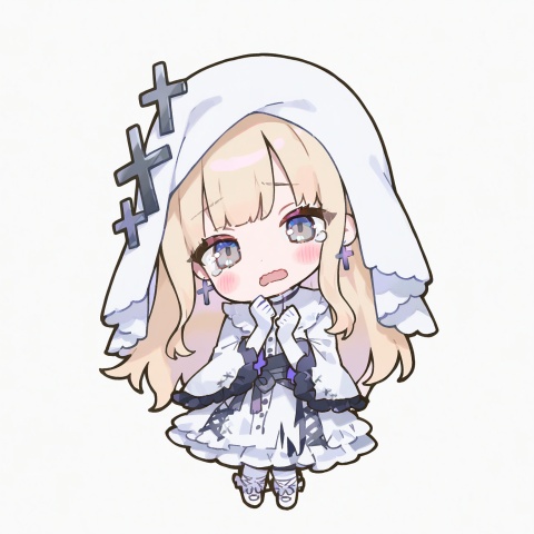 pppsooo20, chibi, chibi only, hikami_meruru,1girl,cross,cross earrings,solo,long hair,earrings,blonde hair,jewelry,dress,blush,long sleeves,wide sleeves, looking at viewer,tearing up,white gloves,simple background,white dress,veil,gloves,frilled sleeves,clenched hands,tears,latin cross,grey eyes,white background,purple eyes,white veil,open mouth,buttons,wavy mouth,head tilt,hand on own chin, full body, clear_bg,