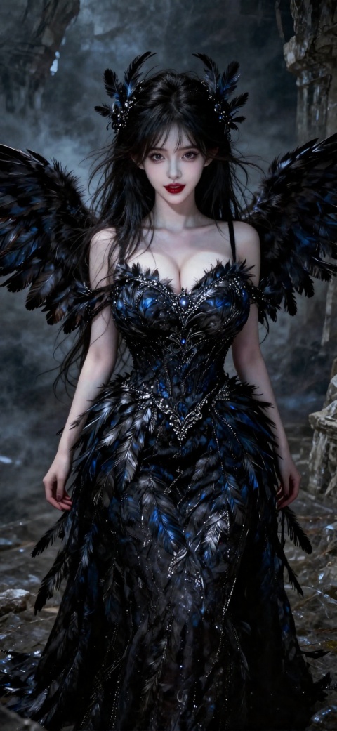 This is a highly detailed digital artwork in a fantasy genre, featuring a young woman with an ethereal, otherworldly appearance. She stands in a dark, mysterious setting, likely an ancient ruin, with crumbling stone structures and an ominous, misty atmosphere. The woman has long, flowing black hair that cascades down her back, adorned with feathers that match the dark, voluminous dress she wears. Her dress is strapless, adorned with intricate, feather-like patterns and embellishments, giving it a regal, gothic vibe. The dress is primarily black, with hints of dark blue and silver, adding to its dramatic effect.She has a pale, almost translucent skin tone, and her eyes are wide, with a slight, haunting expression. Her lips are painted a deep red, contrasting starkly with her pale complexion. She has prominent, dark eyebrows and a delicate, almost angelic facial structure.Her wings, which are large and black with feathered details, are slightly spread, adding to the ethereal, almost angelic quality of her appearance. The background is dark and shadowy, with hints of crumbling stone and mist, enhancing the eerie, mystical atmosphere of the scene. The overall mood of the artwork is dark and mysterious, with an emphasis on the supernatural.
