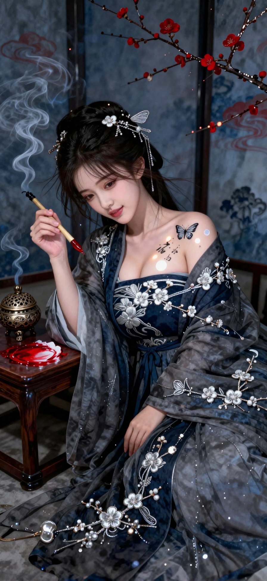 Song dynasty poetess in ink-wash grey banbi over layered midnight-blue ruqun,  silver plum-blossom embroidery only visible...