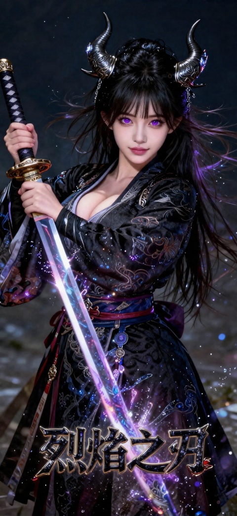 单人女郎,长发造型,胸部特征,直视观众,刘海设计,黑色发色,发饰装饰,长袖服饰,持械姿势,中等胸围,闭合式嘴部,站立姿态,紫色瞳孔,马尾辫造型,持武器姿势,户外场景,日式服装搭配,犄角装饰,剑柄造型,宽袖剪裁,钝型刘海,和服装束,水元素融入,持械动作,画面模糊处理,腰带装饰,夜景氛围,飘逸发丝,景深处理,发光效果,持剑姿势,腰带装饰,花卉纹样,武士刀造型,发光眼眸,鬼怪犄角,黑色和服,极致美学风格（视觉冲击力：0.6）,《魂斗罗：烈焰之刃》元素,缺失细节,蕾拉角色,万克设计,烈焰之刃主题,杰作级品质,顶级画质,最新发布,2024年版本,2023年版本,极具美学张力,荒诞风格,视觉冲击力爆棚,张力十足的镜头构图,超高分辨率32K UHD ,锐利对焦,顶级画质,情感化表现,非传统巅峰杰作,细节处理精妙,温润氛围感,高端质感呈现,时尚摄影风格（视觉冲击力：1.2）,赋予海报动态视觉冲击力,震撼画面效果,官方授权艺术作品,色彩饱和度高,电影级视角,杰作级品质,惊艳画质,极致美学,荒诞风格,顶级画质,最新发布,动态视角,电影级拍摄角度,荷兰式构图,透视缩短法,