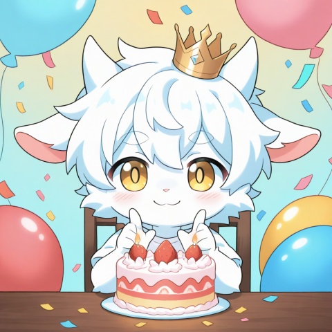 masterpiece, best quality,furry, ultra cute, chibi, anime style, young goat boy, male focus, white short hair, fluffy white fur, short white horns, white horns, golden eyes, shiny golden pupils, cute boyish face, innocent expression, happy smile, small crown on head, sitting on a cute chair, making a peace sign, v gesture, round table in front of him, birthday cake on the table, strawberry cream cake, colorful sprinkles, lit candle, party background, pastel pink and blue tones, confetti, balloons, kawaii, adorable, soft lighting, warm color palette, clean outline, cel shading, cute anime illustration, half body, portrait composition, focus on face and cake, centered composition, white T-shirt