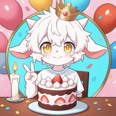 masterpiece, best quality,furry, ultra cute, chibi, anime style, young goat boy, male focus, white short hair, fluffy white fur, short white horns, white horns, golden eyes, shiny golden pupils, cute boyish face, innocent expression, happy smile, small crown on head, sitting on a cute chair, making a peace sign, v gesture, round table in front of him, birthday cake on the table, strawberry cream cake, colorful sprinkles, lit candle, party background, pastel pink and blue tones, confetti, balloons, kawaii, adorable, soft lighting, warm color palette, clean outline, cel shading, cute anime illustration, half body, portrait composition, focus on face and cake, centered composition, white T-shirt