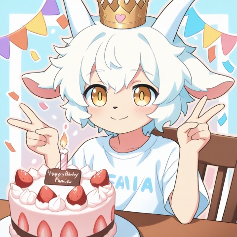 masterpiece, best quality,furry, ultra cute, chibi, anime style, young goat boy, male focus, white short hair, fluffy white fur, short white horns, white horns, golden eyes, shiny golden pupils, cute boyish face, innocent expression, happy smile, small crown on head, sitting on a cute chair, making a peace sign, v gesture, round table in front of him, birthday cake on the table, strawberry cream cake, colorful sprinkles, lit candle, party background, pastel pink and blue tones, confetti, balloons, kawaii, adorable, soft lighting, warm color palette, clean outline, cel shading, cute anime illustration, half body, portrait composition, focus on face and cake, centered composition, white T-shirt