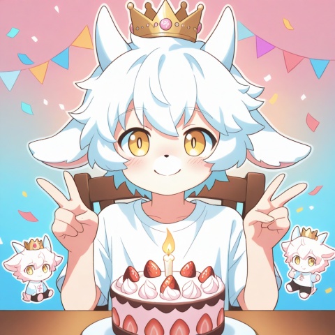 masterpiece, best quality,furry, ultra cute, chibi, anime style, young goat boy, male focus, white short hair, fluffy white fur, short white horns, white horns, golden eyes, shiny golden pupils, cute boyish face, innocent expression, happy smile, small crown on head, sitting on a cute chair, making a peace sign, v gesture, round table in front of him, birthday cake on the table, strawberry cream cake, colorful sprinkles, lit candle, party background, pastel pink and blue tones, confetti, balloons, kawaii, adorable, soft lighting, warm color palette, clean outline, cel shading, cute anime illustration, half body, portrait composition, focus on face and cake, centered composition, white T-shirt