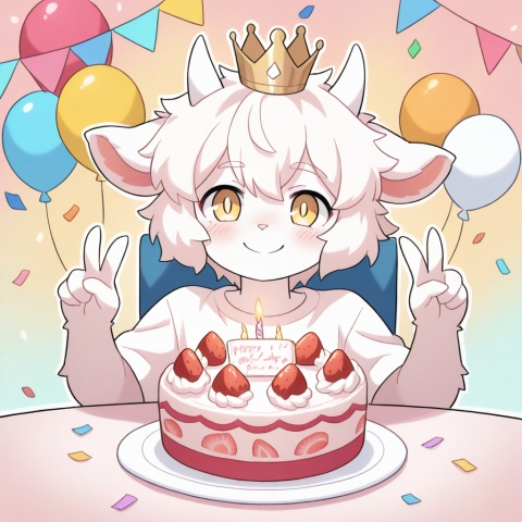 masterpiece, best quality,furry, ultra cute, chibi, anime style, young goat boy, male focus, white short hair, fluffy white fur, short white horns, white horns, golden eyes, shiny golden pupils, cute boyish face, innocent expression, happy smile, small crown on head, sitting on a cute chair, making a peace sign, v gesture, round table in front of him, birthday cake on the table, strawberry cream cake, colorful sprinkles, lit candle, party background, pastel pink and blue tones, confetti, balloons, kawaii, adorable, soft lighting, warm color palette, clean outline, cel shading, cute anime illustration, half body, portrait composition, focus on face and cake, centered composition, white T-shirt