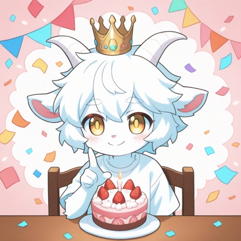 masterpiece, best quality,furry, ultra cute, chibi, anime style, young goat boy, male focus, white short hair, fluffy white fur, short white horns, white horns, golden eyes, shiny golden pupils, cute boyish face, innocent expression, happy smile, small crown on head, sitting on a cute chair, making a peace sign, v gesture, round table in front of him, birthday cake on the table, strawberry cream cake, colorful sprinkles, lit candle, party background, pastel pink and blue tones, confetti, balloons, kawaii, adorable, soft lighting, warm color palette, clean outline, cel shading, cute anime illustration, half body, portrait composition, focus on face and cake, centered composition, white T-shirt