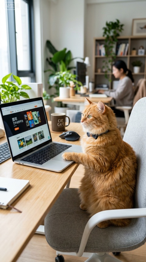 一只可爱橘猫，毛发顺滑蓬松、根根清晰、质感细腻，坐在办公室办公椅上，用爪子认真操作电脑，电脑屏幕显示tusi.cn绘画网站，现代简约办公环境，柔和自然光，干净明亮，写实风格，高清细节，8K 画质，光影通透，构图舒适，毛发层次丰富