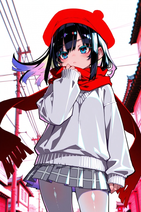 masterpiece, best quality, high quality, loli, chromatic_aberration, Light pink Theme, //alens:0.5, Tianliang Duohe Fangdongye:0.4, zankuro:0.1, yin an dui zhao fa:1.4, //, official art, depth of field, detailed light, blurry background, cinematic lighting, ray tracing, amazing quality, very aesthetic, absurdres, beast quality, ultra detailed, god rays, backlighting, photo background, film grain, chromatic aberration, volumetric lighting, depth of field, blurry background, shiny skin, floating hair, cinematic lighting, day, very aesthetic, (Murata_Renge:0.8), (reoen1:1), (as109:0.7), (Saebe_Shun:0.7), (akipeko:0.7), (Toronto:0.8), (lineart:0.8), (fuzichoco:0.6), (Mika Pikazo:0.4), (Artist: sheya:0.5), (wlop:0.4), shiny skin, bioluminescence, long eyelashes, colored eyelashes, bioluminescence, long eyelashes, colored eyelashes, 1girl, solo, skirt, hat, scarf, outdoors, plaid skirt, plaid, sweater, star-shaped blue eyes, red scarf, pleated skirt, bangs, beret, blurry, long sleeves, red headwear, purple-black long hair, cowboy shot, blurry background, magazine cover, pantyhose, white sweater, lips, white pantyhose, blush, medium hair, sleeves past wrists, power lines, day, closed mouth, grey skirt, standing, hand up,