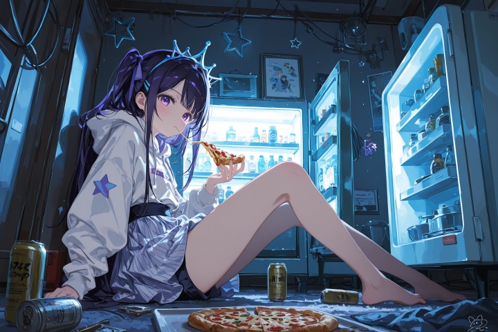 absurdres, highres, official art, masterpiece, best quality, good quality, cinematic lighting, shadows, contrast, saturated, (ultra-detailed), ((illustration)), (detailed light), (an extremely delicate and beautiful), (extremely detailed cg unity 8k wallpaper), 3d, [artist:ningen_mame], {{ciloranko}}, [artist:kedama milk], artist:topu, [artist:sho_(sho_lwlw)], [[[artist:wlop]]], [artist:ke-ta], artist:fuzichoco, artist:torino_aqua, miwabe_sakura, mafuyu, [[[aoi ogata]]], detailed, hyper-detailed, year 2024, year 2023, pale_skin,
Ai Hoshino (Oshi no Ko), 1girl, artist logo, bare legs, barefoot, beer can, blush, can, drink can, eating, food, from side, hairband, holding, holding can, holding food, holding pizza, indoors, legs, logo, looking at viewer, looking to the side, pizza, refrigerator, shorts, sitting, solo, white hoodie, small blue and white crown of thorns, Cartethyia white dress, purple-black long hair (waist-length long hair, often tied into a side ponytail with a hair clip), side ponytail, purple eyes (purple pupils with star patterns in eyes),