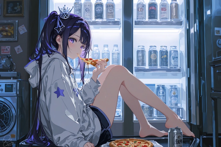 absurdres, highres, official art, masterpiece, best quality, good quality, cinematic lighting, shadows, contrast, saturated, (ultra-detailed), ((illustration)), (detailed light), (an extremely delicate and beautiful), (extremely detailed cg unity 8k wallpaper), 3d, [artist:ningen_mame], {{ciloranko}}, [artist:kedama milk], artist:topu, [artist:sho_(sho_lwlw)], [[[artist:wlop]]], [artist:ke-ta], artist:fuzichoco, artist:torino_aqua, miwabe_sakura, mafuyu, [[[aoi ogata]]], detailed, hyper-detailed, year 2024, year 2023, pale_skin,
Ai Hoshino (Oshi no Ko), 1girl, artist logo, bare legs, barefoot, beer can, blush, can, drink can, eating, food, from side, hairband, holding, holding can, holding food, holding pizza, indoors, legs, logo, looking at viewer, looking to the side, pizza, refrigerator, shorts, sitting, solo, white hoodie, small blue and white crown of thorns, Cartethyia white dress, purple-black long hair (waist-length long hair, often tied into a side ponytail with a hair clip), side ponytail, purple eyes (purple pupils with star patterns in eyes),