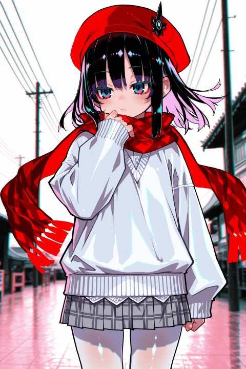 masterpiece, best quality, high quality, loli, chromatic_aberration, Light pink Theme, //alens:0.5, Tianliang Duohe Fangdongye:0.4, zankuro:0.1, yin an dui zhao fa:1.4, //, official art, depth of field, detailed light, blurry background, cinematic lighting, ray tracing, amazing quality, very aesthetic, absurdres, beast quality, ultra detailed, god rays, backlighting, photo background, film grain, chromatic aberration, volumetric lighting, depth of field, blurry background, shiny skin, floating hair, cinematic lighting, day, very aesthetic, (Murata_Renge:0.8), (reoen1:1), (as109:0.7), (Saebe_Shun:0.7), (akipeko:0.7), (Toronto:0.8), (lineart:0.8), (fuzichoco:0.6), (Mika Pikazo:0.4), (Artist: sheya:0.5), (wlop:0.4), shiny skin, bioluminescence, long eyelashes, colored eyelashes, bioluminescence, long eyelashes, colored eyelashes, 1girl, solo, skirt, hat, scarf, outdoors, plaid skirt, plaid, sweater, star-shaped blue eyes, red scarf, pleated skirt, bangs, beret, blurry, long sleeves, red headwear, purple-black long hair, cowboy shot, blurry background, magazine cover, pantyhose, white sweater, lips, white pantyhose, blush, medium hair, sleeves past wrists, power lines, day, closed mouth, grey skirt, standing, hand up,