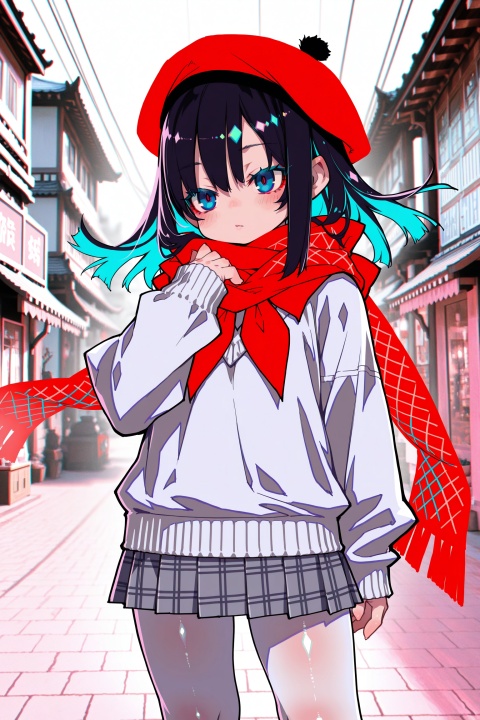 masterpiece, best quality, high quality, loli, chromatic_aberration, Light pink Theme, //alens:0.5, Tianliang Duohe Fangdongye:0.4, zankuro:0.1, yin an dui zhao fa:1.4, //, official art, depth of field, detailed light, blurry background, cinematic lighting, ray tracing, amazing quality, very aesthetic, absurdres, beast quality, ultra detailed, god rays, backlighting, photo background, film grain, chromatic aberration, volumetric lighting, depth of field, blurry background, shiny skin, floating hair, cinematic lighting, day, very aesthetic, (Murata_Renge:0.8), (reoen1:1), (as109:0.7), (Saebe_Shun:0.7), (akipeko:0.7), (Toronto:0.8), (lineart:0.8), (fuzichoco:0.6), (Mika Pikazo:0.4), (Artist: sheya:0.5), (wlop:0.4), shiny skin, bioluminescence, long eyelashes, colored eyelashes, bioluminescence, long eyelashes, colored eyelashes, 1girl, solo, skirt, hat, scarf, outdoors, plaid skirt, plaid, sweater, star-shaped blue eyes, red scarf, pleated skirt, bangs, beret, blurry, long sleeves, red headwear, purple-black long hair, cowboy shot, blurry background, magazine cover, pantyhose, white sweater, lips, white pantyhose, blush, medium hair, sleeves past wrists, power lines, day, closed mouth, grey skirt, standing, hand up,