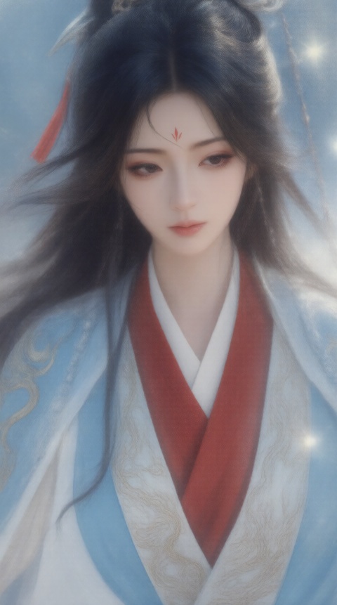nangongwan,1girl, wearing a blue, white and red Hanfu, on the upper body, with a red mark on her forehead