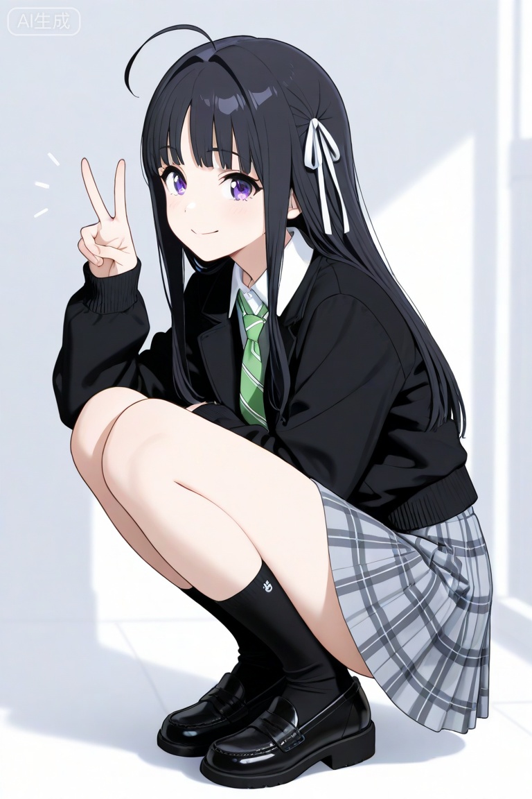 lineart,line art,(masterpiece),(best quality),full body,
1girl, solo,SUBARUAWA,purple_eyes,ribbon,ahoge,
black calf socks illustration of a young girl with long black hair and bangs. She is wearing a black jacket with a white collar and a green tie. She has a gray plaid skirt underneath the jacket , background is plain white.,She's happily giving a peace sign.