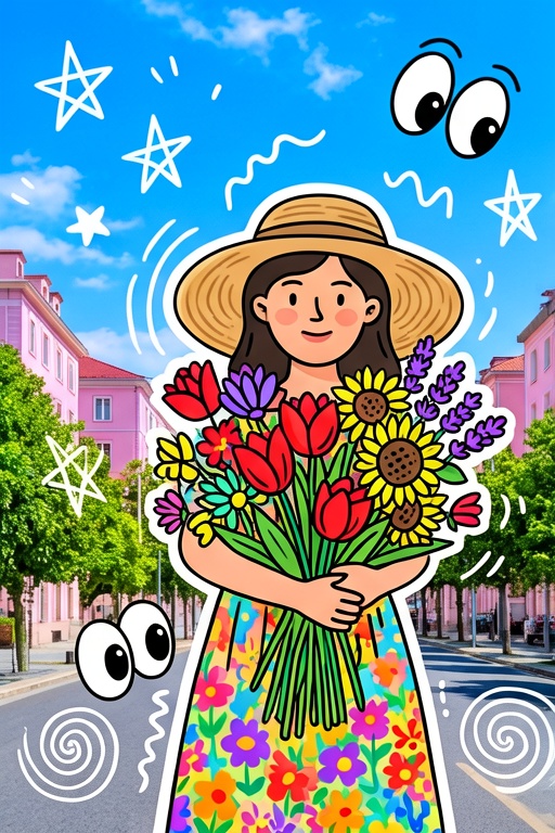 一张充满夏日活力的拼贴艺术风格图片。背景是一张真实的阳光明媚的城市街道照片,  有蓝天、白云、粉色的房子、柏油马路和绿树。画面中央叠加了一个巨大的2D扁平插画风格的女孩,  她穿着鲜艳的碎花连衣裙 by 哦啊啊  on Tensor.Art