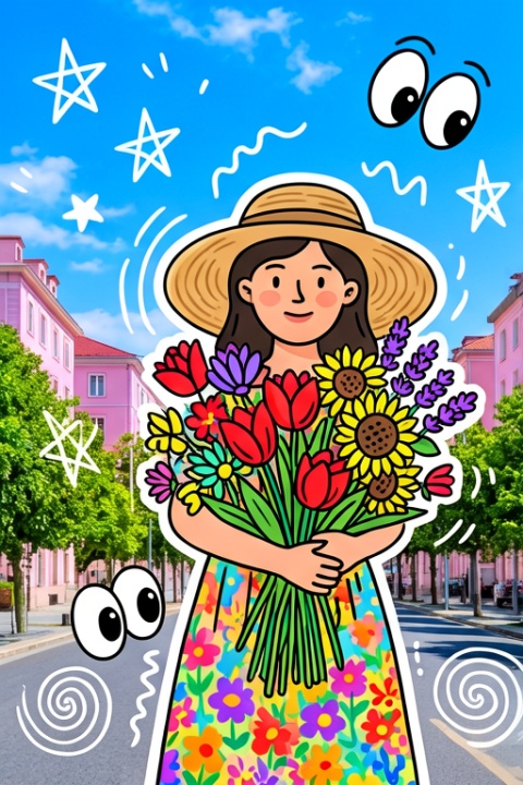 一张充满夏日活力的拼贴艺术风格图片。背景是一张真实的阳光明媚的城市街道照片,有蓝天、白云、粉色的房子、柏油马路和绿树。画面中央叠加了一个巨大的2D扁平插画风格的女孩,她穿着鲜艳的碎花连衣裙,戴着草帽,手里捧着一大束色彩斑斓的卡通花朵。画风是手绘涂鸦风格,线条简单粗犷,色彩高饱和度。画面周围点缀着白色的手绘涂鸦元素,如星星、波浪线、卡通大眼睛、螺旋线等。整体氛围快乐、童趣、像旅行手账或剪贴簿。