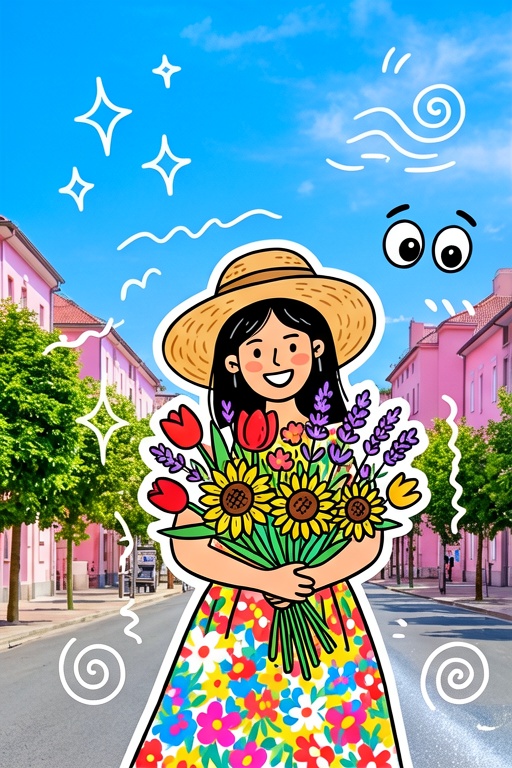 一张充满夏日活力的拼贴艺术风格图片。背景是一张真实的阳光明媚的城市街道照片,  有蓝天、白云、粉色的房子、柏油马路和绿树。画面中央叠加了一个巨大的2D扁平插画风格的女孩,  她穿着鲜艳的碎花连衣裙 by 哦啊啊  on Tensor.Art