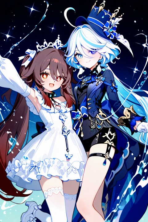 2girls,loli,arm_up,armpits,black_bow,black_collar,black_jacket,blush,clothing_cutout,collar,dress,hair_between_eyes,hair_bow,hair_ornament,heart,heart-shaped_pupils,heart_cutout,heart_hair_ornament,heart_o-ring,jacket,leash,long_hair,long_sleeves,looking_at_viewer,multiple_girls,o-ring,off_shoulder,pink_hair,puffy_long_sleeves,puffy_sleeves,single_thighhigh,sleeves_past_wrists,spiked_collar,spikes,symbol-shaped_pupils,thigh_strap,thighhighs,very_long_hair,white_bow,white_dress,white_thighhighs,winged_heart,bad_id,bad_pixiv_id,commentary_request,highres
hu tao \(genshin impact\), 1girl, solo, brown hair, long hair, flower-shaped pupils, twintails, red eyes, 
furina \(Ousia\),furina \(genshin impact\), 1girl, solo, blue hat, high heels, gloves, heterochromia, thigh strap, jacket, long sleeves, black shorts, short hair, neck ruff, mismatched gloves, leg garter, drop-shaped pupils
﻿