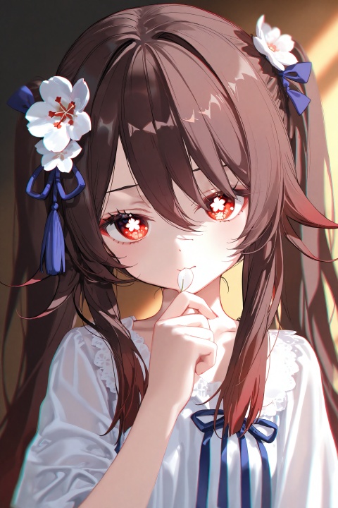 masterpiece,absurdres,best quality,petite,high quality,chromatic_aberration,//,hu tao \(genshin impact\), 1girl, solo, brown hair, long hair, flower-shaped pupils, twintails, red eyes, long hair, looking at viewer, bangs, shirt, hair ornament, bow, ribbon, twintails, hair ribbon, upper body, flower, sidelocks, hair flower,side ponytail, white flower, 1other, /,artist:ciloranko,artist:suimya,artist:muririn,artist:sho_(sho_lwlw),artist:tianliang_duohe_fangdongye,artist:eip (pepai),artist:rukako,artist:toosaka_asagi,artist:ask(askzy),