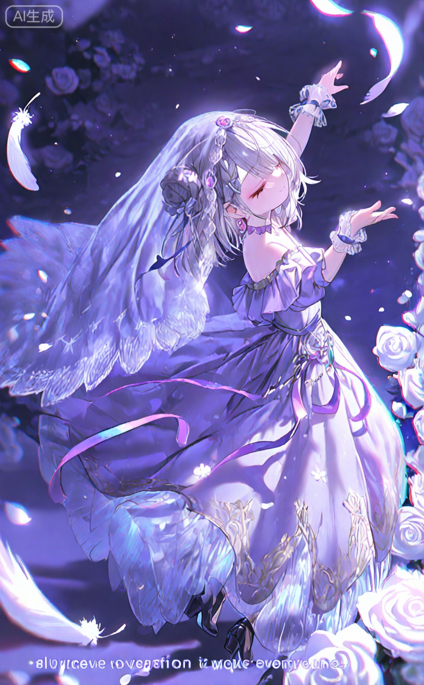 masterpiece,very aware,highres,absurdres,newest,best quality,loli,petite,high quality,chromatic_aberration,cinematic_angle,dutch angle,//,1girl,solo,dress,flower,closed eyes,short hair,purple dress,purple theme,high heels,rose,short sleeves,veil,white flower,full body,white rose,choker,hair ornament,dancing,grey hair,ribbon,watermark,petals,closed mouth,wrist cuffs,chromatic aberration,outstretched arm,braid,frills,falling petals,black footwear,blue dress,jewelry,arm up,shadow,puffy sleeves,puffy short sleeves,english text,standing,purple choker,hair bun,smile,see-through,purple ribbon,purple gemstone,wrist ribbon,earrings,feathers,x hair ornament,off-shoulder dress,facing to the side,falling feathers,long dress,