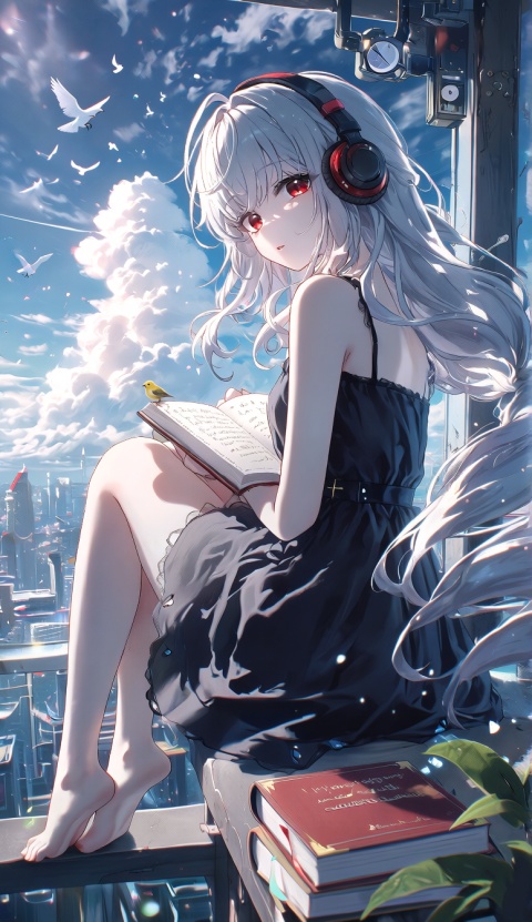 masterpiece, best quality, score_7, very aesthetic
//,
1girl, long hair, solo, headphones, red eyes, dress, bird, looking at viewer, sitting, looking back, very long hair, grey hair, sleeveless, parted lips, barefoot, sky, black dress, cloud,book, 