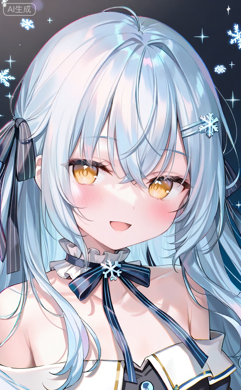 masterpiece,absurdres,best quality,((petite)),high quality,chromatic_aberration,hiny_skin,
//,
1girl, solo, blue_hair, long_hair, ribbon, yellow_eyes, looking_at_viewer, open_mouth, smile, hair_ornament, blue_ribbon, bare_shoulders, neck_ribbon, portrait, floating_hair, snowflakes, hair_ribbon, :d, collarbone, upper_body, hairclip, black_ribbon, sparkle
//,
(momoko_(momopoco):0.9),(momomoi_momoi:0.8),(misyune:0.75),(meion:1),(miwano_rag:0.6),(myowa:0.7),(myuu_(arisumeria):0.7),(myusha:0.9),