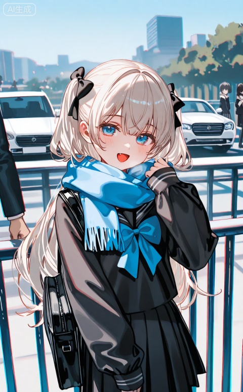 masterpiece,highres,absurdres,newest,best quality,high quality,chromatic_aberration,shiny_skin,
//,
sleeves past wrists, 1girl, car, school uniform, blue eyes, very long hair, pleated skirt, shirt, blue scarf, skirt, bow, long hair, long sleeves, hair bow, black skirt, two side up, fringe trim, puffy long sleeves, outdoors, black shirt, scarf, bag, serafuku, motor vehicle, black bow, sleeves past fingers, smile, blush, puffy sleeves, solo focus, :d, looking at viewer, sailor collar, hair between eyes, blue bow, black serafuku, day, school bag, 1boy, white hair, parted bangs, fang, shoulder bag, black sailor collar, open mouth, hand up, grey hair, black jacket, railing, jacket
//,
(ciloranko:0.9),(wanke:0.5),(umehara_sei:1.2),(shiina_1001:0.8),(chiu538:0.7),(sakura_(39ra):0.6),(qizhu:0.88),(mikisai:0.5),kinako_(shiratama_mochi),