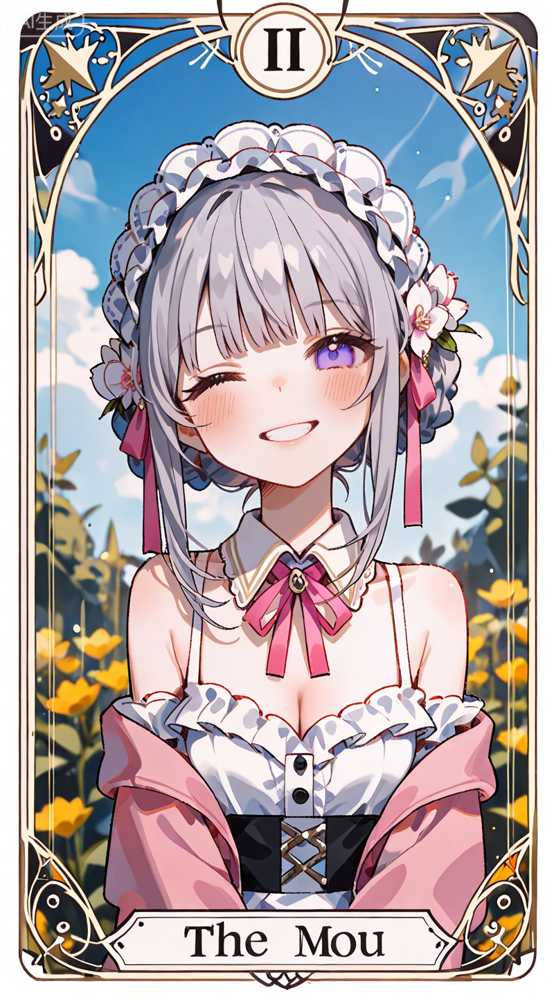 depth of field,masterpiece,best quality,very aesthetic,alternate costume,alternate costume,2024,2023,perfect composition,ultra-detailed,extreme aesthetic,masterpiece,best quality,good quality,newest,year 2024,year 2023,very aesthetic,absurdres,looking_at_viewer,colorful,,brown hair,grey hair,blue eyes,blunt bangs,braid,braided bun,detached collar,hair bow,headdress,maid headdress,hair bun,french braid,short hair with long locks,muou black and white dress,muou detached sleeves,muou frilled sleeves,1girl, solo, one eye closed, ribbon, smile, shirt, pink hair, long hair, ponytail, skirt, white shirt, pink ribbon, looking at viewer, purple eyes, blush, hair ribbon, long sleeves, jacket, white skirt, neck ribbon, pink jacket, open clothes, plaid skirt, grin, plaid, pink cardigan, cardigan, white border, v,upper body,open mouth,smile,bare shoulders,cleavage,:d,medium breasts,
art nouveau,traditional media,flower,xiamu,(tarot (medium):1.2),day,shadow,Mahou Shoujo no Majo Saiban