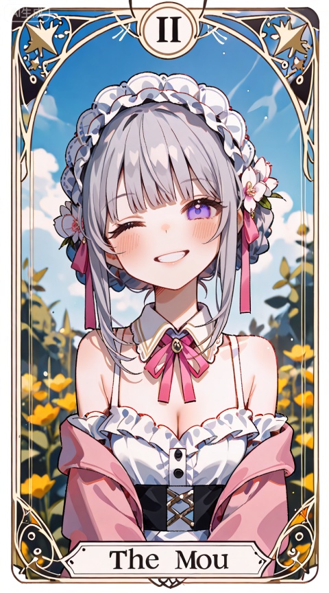 depth of field,masterpiece,best quality,very aesthetic,alternate costume,alternate costume,2024,2023,perfect composition,ultra-detailed,extreme aesthetic,masterpiece,best quality,good quality,newest,year 2024,year 2023,very aesthetic,absurdres,looking_at_viewer,colorful,,brown hair,grey hair,blue eyes,blunt bangs,braid,braided bun,detached collar,hair bow,headdress,maid headdress,hair bun,french braid,short hair with long locks,muou black and white dress,muou detached sleeves,muou frilled sleeves,1girl, solo, one eye closed, ribbon, smile, shirt, pink hair, long hair, ponytail, skirt, white shirt, pink ribbon, looking at viewer, purple eyes, blush, hair ribbon, long sleeves, jacket, white skirt, neck ribbon, pink jacket, open clothes, plaid skirt, grin, plaid, pink cardigan, cardigan, white border, v,upper body,open mouth,smile,bare shoulders,cleavage,:d,medium breasts,
art nouveau,traditional media,flower,xiamu,(tarot (medium):1.2),day,shadow,Mahou Shoujo no Majo Saiban