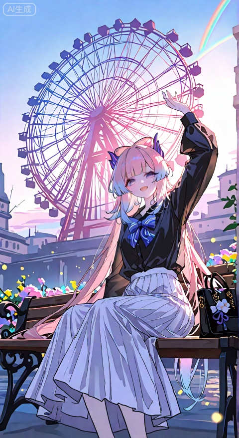 1girl, solo, long hair, looking at viewer, smile, open mouth, bangs, skirt, shirt, long sleeves, sitting, very long hair, purple eyes, pink hair, flower, :d, multicolored hair, outdoors, sky, alternate costume, bag, arm up, white skirt, long skirt, bench, rainbow, bow-shaped hair, ferris wheel, sangonomiya kokomi
,depth of field,cinematic lighting,light particles,lens flare, extreme aesthetic,masterpiece,best quality,good quality,newest,very aesthetic,absurdres,A shot with tension, 32K UHD,sharp focus,best-quality,masterpiece,Emotionalization,temperate atmosphere,with a high-end texture,(Tyndall Effect 1.4),(wlop:0.6),year 2024:0.8),[[artist:rhasta]],colorful,best quality,very aesthetic,absurdres,32K UHD,sharp focus,best-quality,Emotionalization,temperate atmosphere,with a high-end texture,in the style of fashion photography,Dynamic,dynamic force picture,(Visual impact:1.2),impactful picture,offcial art,colorful,movie perspective, masterpiece,skin details