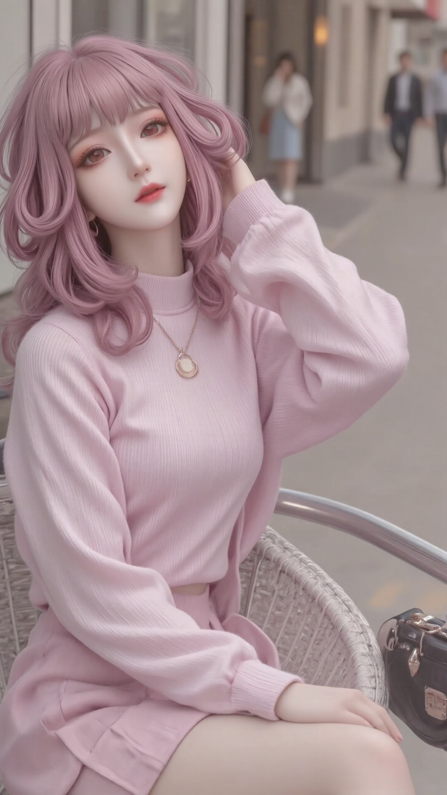 The picture shows a woman sitting outdoors,  wearing a fitted pink long-sleeved top and a pink skirt. She has a small blac...