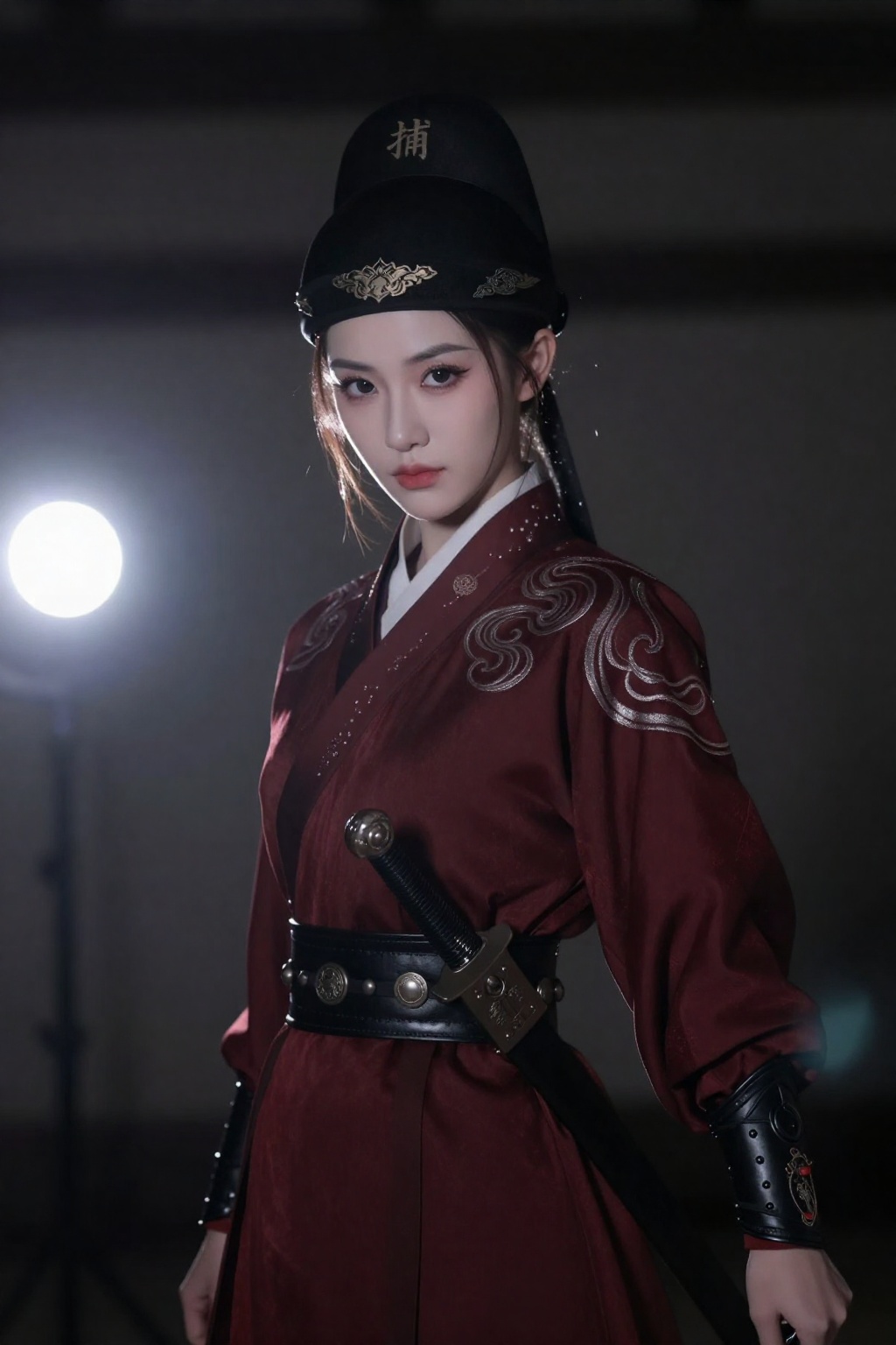 一位俊美冷艳的唐代机甲女差役形象。她头戴微微上翘的黑色金边刺绣图案幞头,上面印有錞金小字“捕”,露出那圆润饱满、肤色白皙的额头。弯弯的柳叶眉下,明亮有神的双眸中透着坚定与干练。小巧挺直的鼻梁,淡雅朱红的樱桃小嘴微微抿起。大眼,睫毛,眼线,粉唇,身着一袭酒红色的窄袖机甲胡服,领口与袖口处绣着精致的银丝云纹,黑色皮质腰带束于腰间,上面挂着差役令牌。小蛮腰上挎着一柄带红樱的捕头刀鞘,身材凹凸有致,她整体造型展现出职业的威严,画面色调沉稳且和谐,突出了人物的独特气质。身后有探照灯,闪光灯拍摄,逆光,发丝光,轮廓光,暗调摄影,动态模糊,强烈的视觉冲击力,倾斜构图,