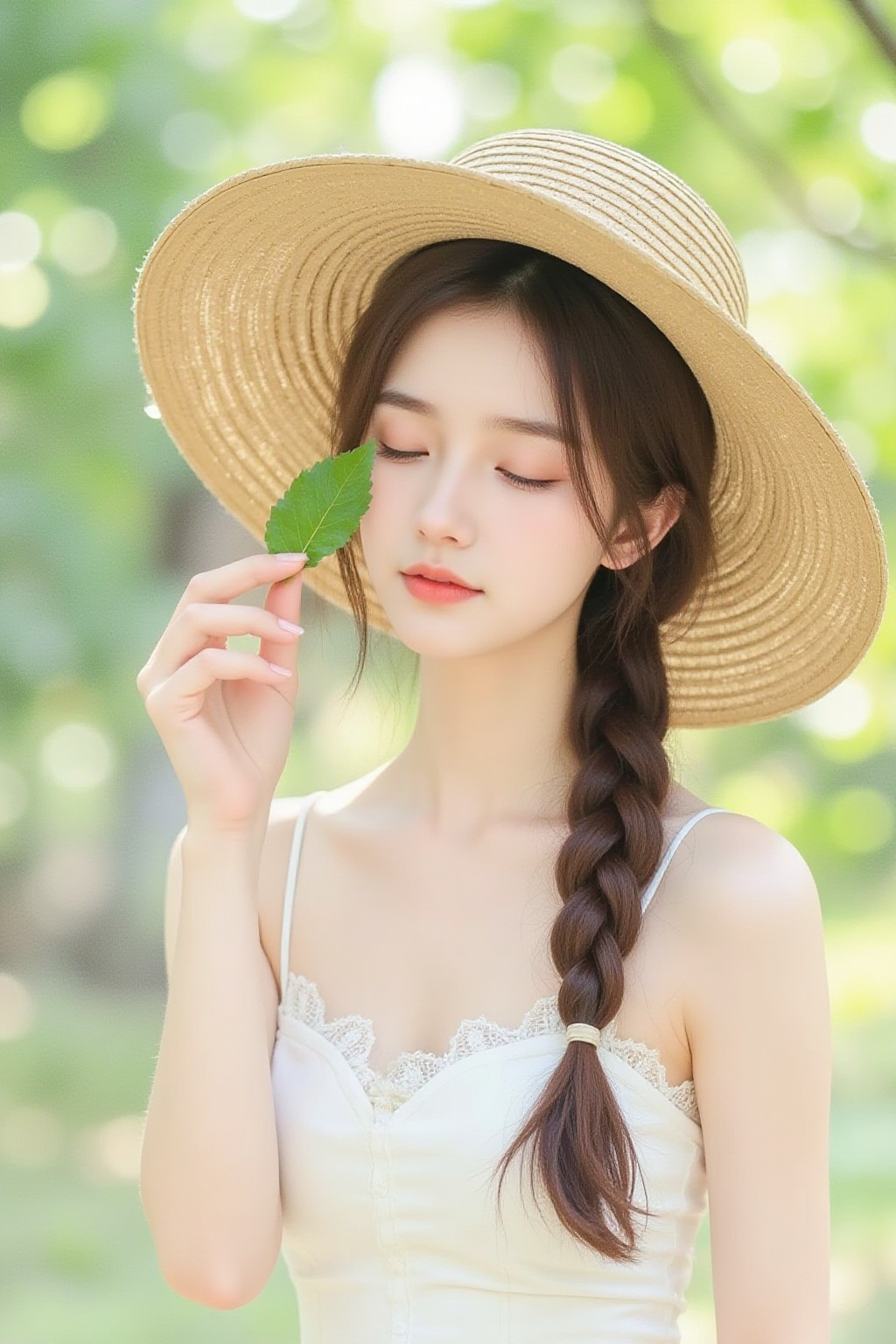 A young Chinese woman,alone,short hair,Close-up,1girl,Without wearing any clothing,half body unbuttoned buttonabsurdres,Watercolor style,portrait light and shadow style,Watercolor style,A watercolor illustration of a young East Asian woman with fair skin and loose braids of brown long hair. She is wearing a wide brimmed straw hat and a white sleeveless lace trimmed top,with her eyes closed and her lips pale pink. Her expression is calm and gentle,and she holds a green leaf in her right hand close to her face. The background is a lush and fuzzy outdoor environment,implying a sunny day in nature. The image has soft natural light,emphasizing her delicate features and the texture of the hat and top. The overall mood is calm and peaceful,