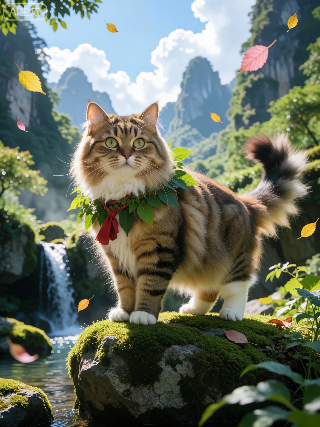 ***photograph*** a fantasy style depicting a large,  fluffy,  brown and white cat with green eyes by Kosusu on Tensor.Art
