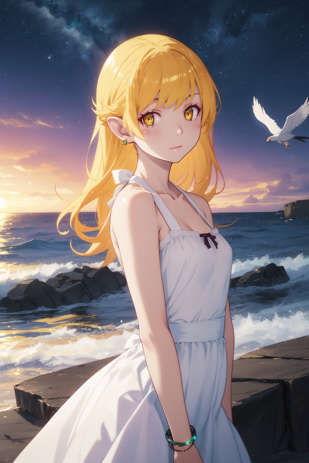 <lora:Acerola-000007:0.8>,Acerola cyql,1girl,looking at viewer,solo,blonde hair,long hair,yellow eyes,blush stickers,dress,bare shoulders,pointy ears,collarbone,bracelet,white dress,jewelry,Annoyed, Mouth turned down slightly, eyes narrowed, and a tense jaw.,bust,beautiful face,beautiful eyes,glossy skin,shiny skin,Cliffs, Waves, Coastline, Rocks, Sea spray, Seagulls, Dramatic, Power,(Maple trees, Pumpkin patches, Fall foliage, Crisp air, Harvest time, New England landscape:0.6),beautiful detailed sky,beautiful detailed glow,posing in front of a colorful and dynamic background,masterpiece,best quality,beautiful and aesthetic,contrapposto,female focus,wallpaper,fashion,