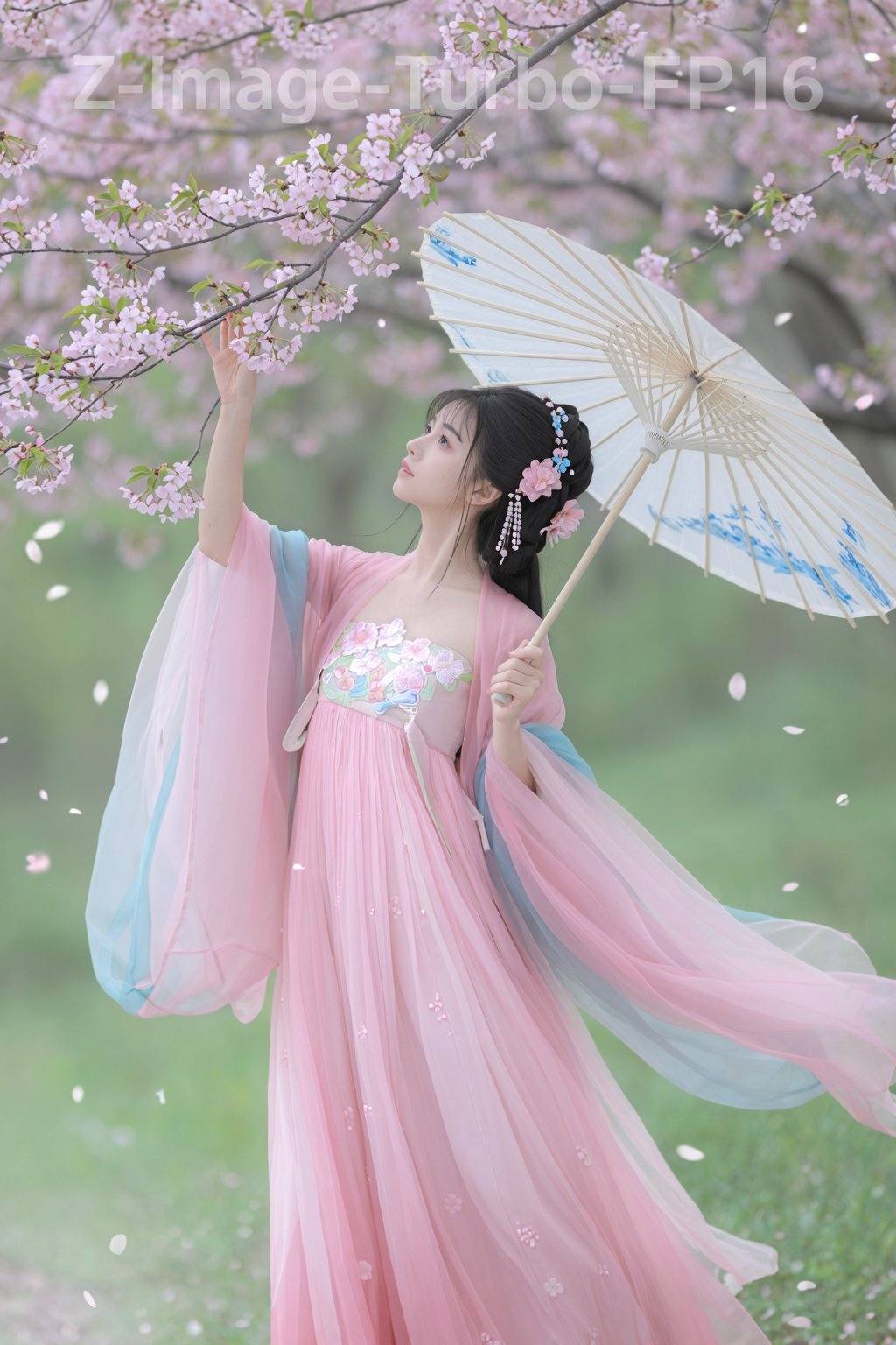 一位身着古风汉服的女子立于樱花树下，宛若从诗意画卷中走出的花中仙子。她的抹胸裙绣满粉嫩花瓣，外搭粉蓝渐变的薄纱广袖，随风轻扬似流云拂动；下裙以浅粉为主调，点缀细碎花影，灵动飘逸。乌黑秀发梳成古典发髻，簪着粉蓝相间的花饰，几缕发丝垂落颊边，更添柔婉气质。她一手轻扶樱花枝，指尖似凝着花香；一手握柄饰蓝花的油纸伞，伞面素雅，与发饰相映成趣。背景里，粉樱满枝、绿叶点缀，花瓣簌簌飘落，朦胧绿意晕染出春日的温柔。整体色调柔和梦幻，女子姿态娴静，将汉服的典雅与春日的烂漫完美交融，尽显诗意氛围。背景顶部写着半透明色“Z-Image-Turbo-FP16”