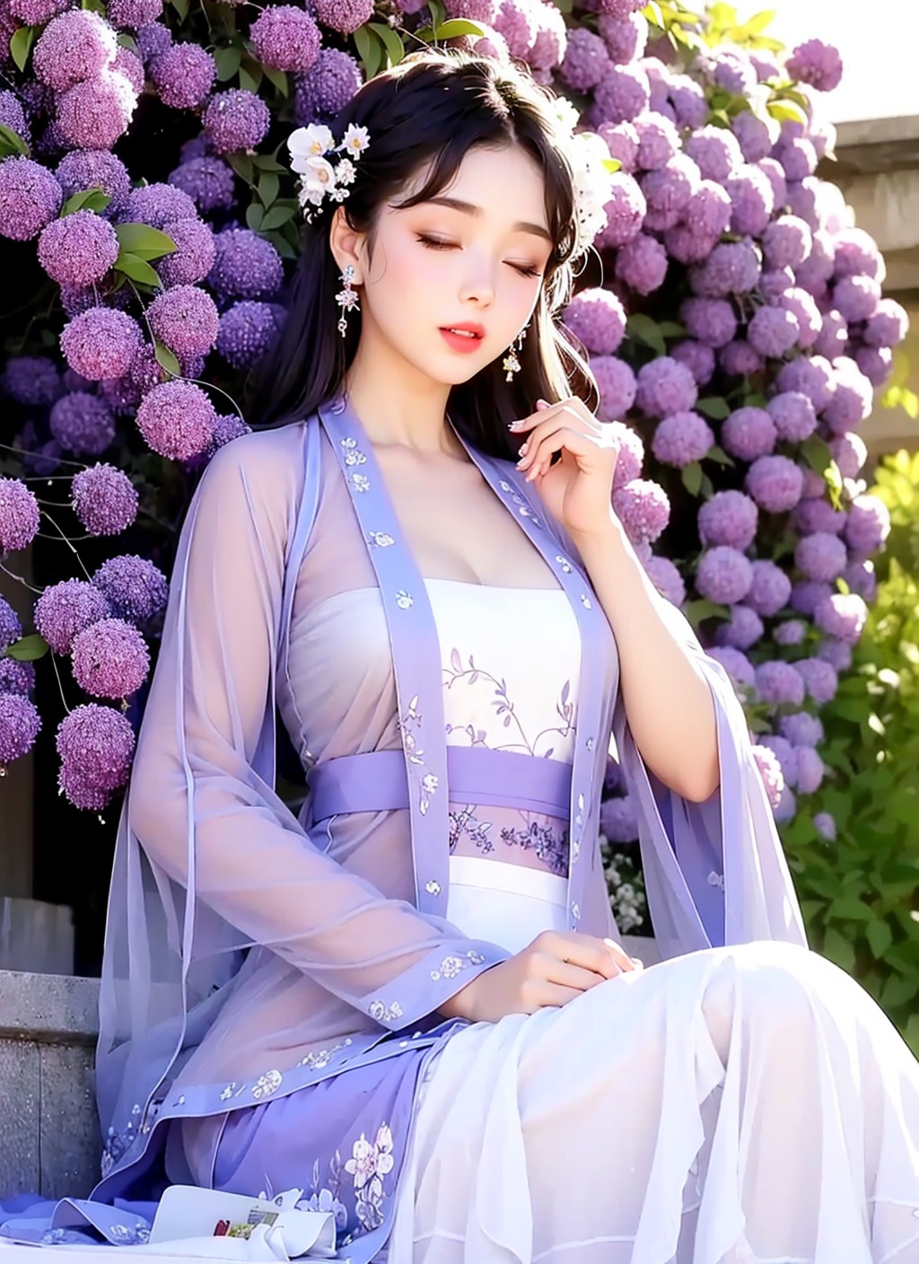 1 girl, Diamond earrings ,lipstick,,close one's eyes,,close-fitting,black hair,,, ,embroider，solo，Hanfu，close the eyes，chest，red，Wisteria flowers    <lora:紫葡萄汉服:1>