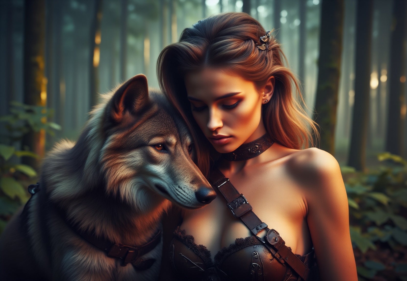 Face close-up of polish woman in airy hazel outfit and a wolf in the deep dark forest,  colorful nature,  overcast storm o...