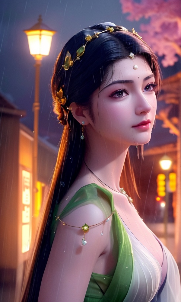 <lora:408-DA-凡人修仙传-卓如婷:0.8> ,(,1girl, ,best quality, ),looking at viewer, ,ultra detailed 8k cg, ultra detailed background,  ultra realistic 8k cg,          cinematic lighting, cinematic bloom, (( , )),,  , unreal, science fiction,  luxury, jewelry, diamond, pearl, gem, sapphire, ruby, emerald, intricate detail, delicate pattern, charming, alluring, seductive, erotic, enchanting, hair ornament, necklace, earrings, bracelet, armlet,halo,masterpiece, (( , )),,  ,cherry blossoms,(((, night,night sky,lamppost,  ultra high res, (photorealistic:1.4), raw photo, 1girl, , rain, sweat, ,wet, )))(( , ))   (()), (), 