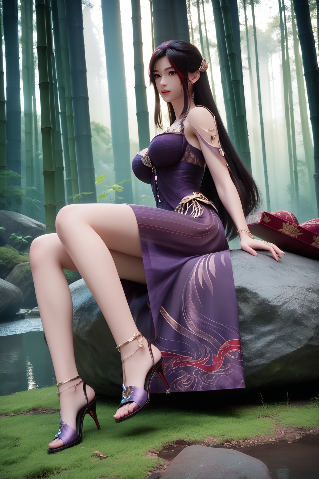 (Resting on a velvet cushion, she holds a delicate music box, her fingers tracing the intricate patterns:1.2),looking at viewer,<lora:XL16神国之上赵襄儿黑纱:0.85>,miss zhaoxianger,black corset gown,brown eyes,black hair,red streaked hair,very long hair,hair ornament,strappy purple high-heel sandals,jewelry,(large breasts:1.2),bamboo forest,water,stone,pondel,, score_9,score_8_up,score_7_up,score_6_up,score_5_up,score_4_up,3d rendering,tag1,tag2, Cinematic Lighting,backlighting,